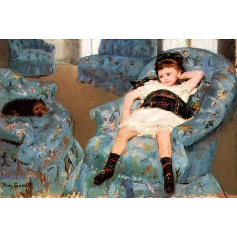 Little Girl In A Blue Armchair 1878 White Modern Wood Framed Art Print by Cassatt, Mary