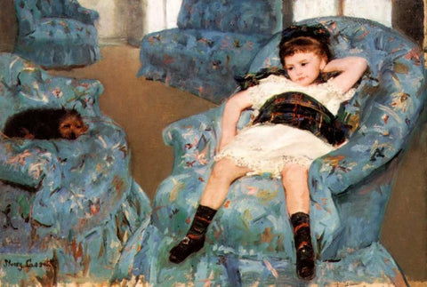 Little Girl In A Blue Armchair 1878 White Modern Wood Framed Art Print with Double Matting by Cassatt, Mary