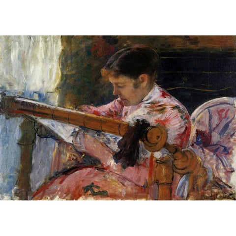 Lydia Seated At An Embroidery Frame 1881 Gold Ornate Wood Framed Art Print with Double Matting by Cassatt, Mary