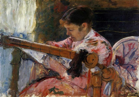 Lydia Seated At An Embroidery Frame 1881 White Modern Wood Framed Art Print with Double Matting by Cassatt, Mary