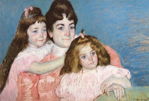 Madame Aude And Her Two Daughters 1899 Black Ornate Wood Framed Art Print with Double Matting by Cassatt, Mary