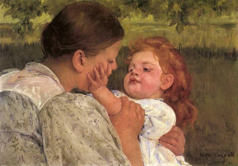 Maternal Caress 1896 White Modern Wood Framed Art Print with Double Matting by Cassatt, Mary