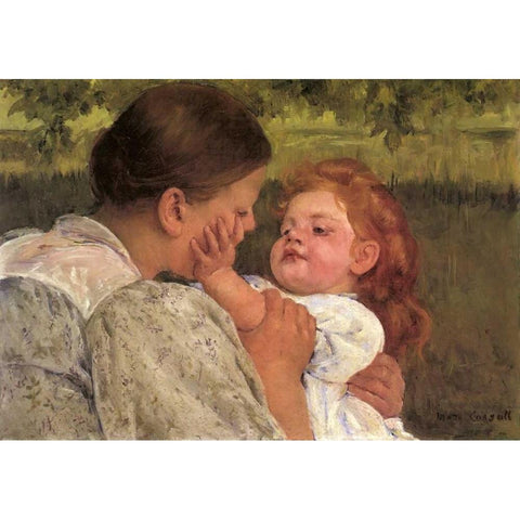 Maternal Caress 1896 White Modern Wood Framed Art Print by Cassatt, Mary