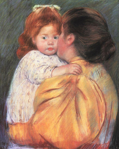 Maternal Kiss 1897 White Modern Wood Framed Art Print with Double Matting by Cassatt, Mary