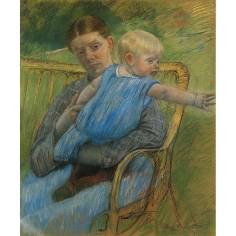 Mathilde Holding A Baby Who Reaches Out To The Right 1889 Gold Ornate Wood Framed Art Print with Double Matting by Cassatt, Mary