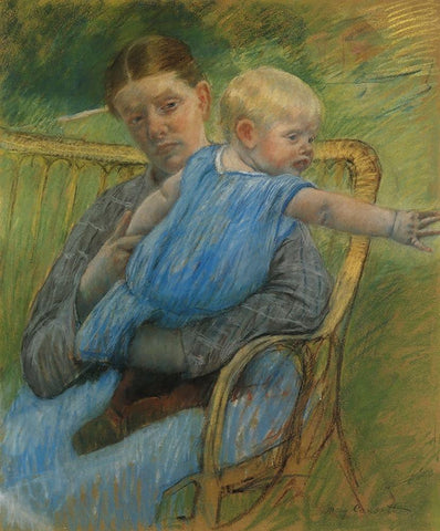 Mathilde Holding A Baby Who Reaches Out To The Right 1889 White Modern Wood Framed Art Print with Double Matting by Cassatt, Mary