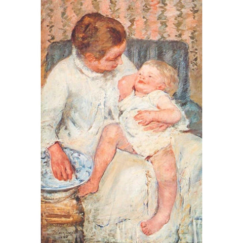 Mother About To Wash Her Sleepy Child White Modern Wood Framed Art Print by Cassatt, Mary