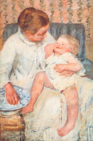 Mother About To Wash Her Sleepy Child White Modern Wood Framed Art Print with Double Matting by Cassatt, Mary