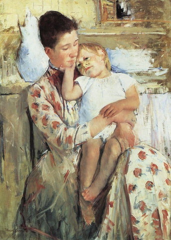 Mother And Child 1890 White Modern Wood Framed Art Print with Double Matting by Cassatt, Mary