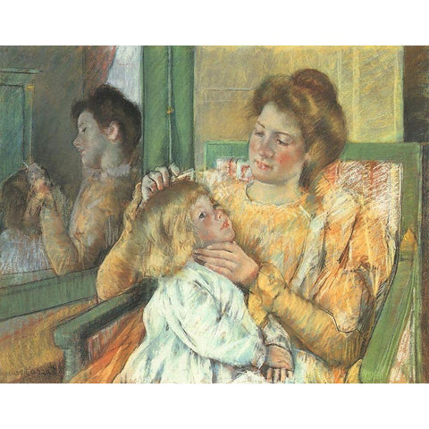 Mother Combing Her Childs Hair 1898 White Modern Wood Framed Art Print by Cassatt, Mary