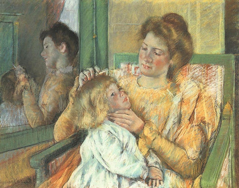 Mother Combing Her Childs Hair 1898 White Modern Wood Framed Art Print with Double Matting by Cassatt, Mary
