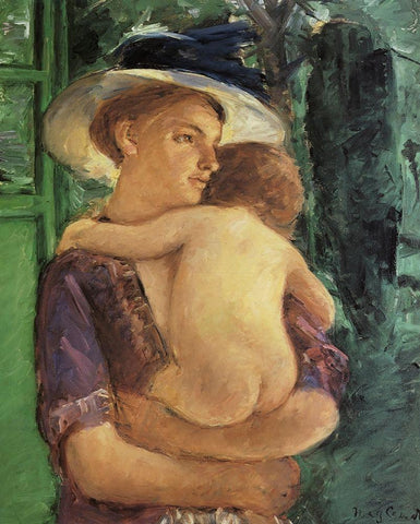 Mother In Hat Holding Her Nude Baby Seen In Back View 1909 White Modern Wood Framed Art Print with Double Matting by Cassatt, Mary