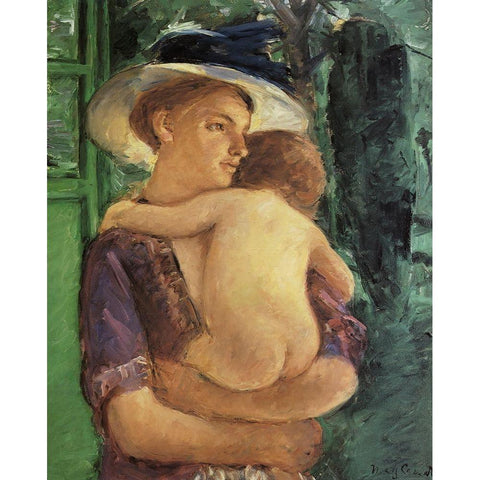 Mother In Hat Holding Her Nude Baby Seen In Back View 1909 White Modern Wood Framed Art Print by Cassatt, Mary