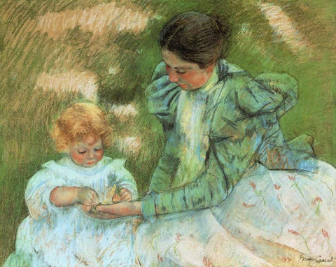 Mother Playing With Her Child 1897 Black Ornate Wood Framed Art Print with Double Matting by Cassatt, Mary