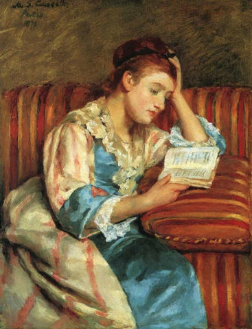 Mrs Duffee Seated On A Striped Sofa 1876 Black Ornate Wood Framed Art Print with Double Matting by Cassatt, Mary