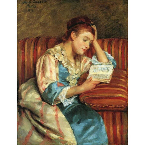 Mrs Duffee Seated On A Striped Sofa 1876 Black Modern Wood Framed Art Print with Double Matting by Cassatt, Mary