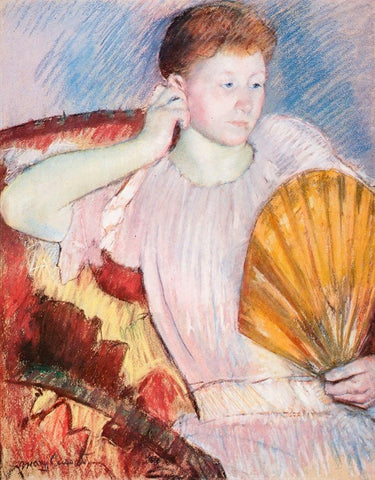 Portrait Of A Woman With A Fan Black Ornate Wood Framed Art Print with Double Matting by Cassatt, Mary