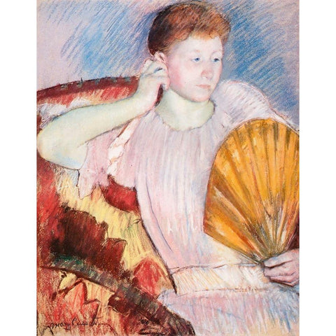 Portrait Of A Woman With A Fan Gold Ornate Wood Framed Art Print with Double Matting by Cassatt, Mary