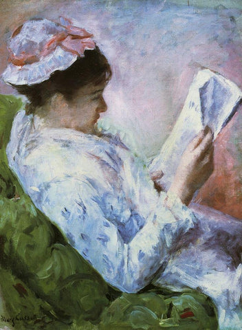 Portrait Of Lydia Reading 1879 Black Ornate Wood Framed Art Print with Double Matting by Cassatt, Mary