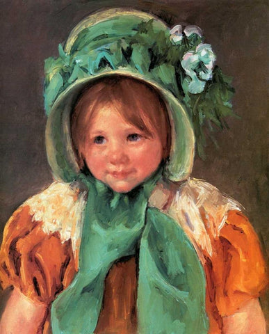 Sara In A Green Bonnet 1901 Black Ornate Wood Framed Art Print with Double Matting by Cassatt, Mary