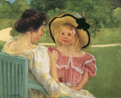 Simone And Her Mother In The Garden 1904 Black Ornate Wood Framed Art Print with Double Matting by Cassatt, Mary