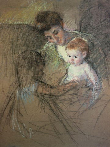 Sketch For Mother And Daughter Looking At The Baby 1905 Black Ornate Wood Framed Art Print with Double Matting by Cassatt, Mary