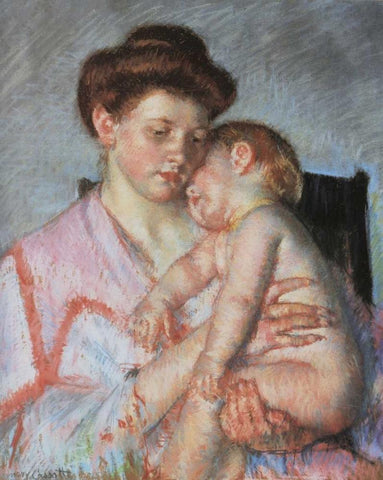 Sleepy Baby 1910 Black Ornate Wood Framed Art Print with Double Matting by Cassatt, Mary