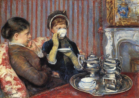 The Tea, 1880 White Modern Wood Framed Art Print with Double Matting by Cassatt, Mary