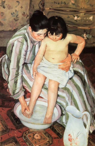 The Bath 1892 White Modern Wood Framed Art Print with Double Matting by Cassatt, Mary