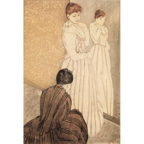 The Fitting 1891 Gold Ornate Wood Framed Art Print with Double Matting by Cassatt, Mary