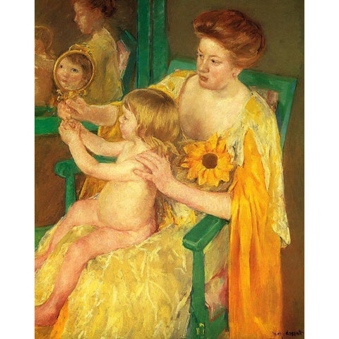 The Mirror 1905 Black Modern Wood Framed Art Print with Double Matting by Cassatt, Mary