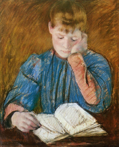 The Pensive Reader 1894 Black Ornate Wood Framed Art Print with Double Matting by Cassatt, Mary