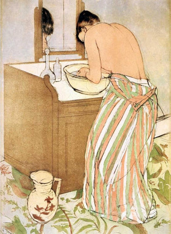 Woman Bathing I 1891 Black Ornate Wood Framed Art Print with Double Matting by Cassatt, Mary