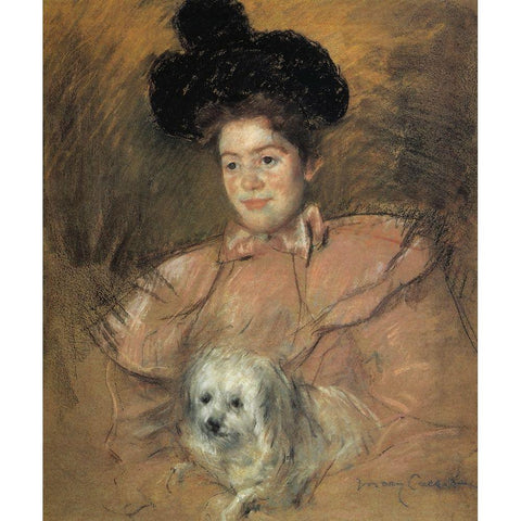 Woman In Raspberry Costume Holding A Dog 1901 Black Modern Wood Framed Art Print with Double Matting by Cassatt, Mary