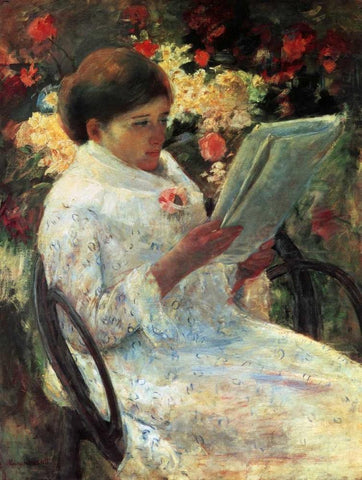 Woman Reading In A Garden 1880 Black Ornate Wood Framed Art Print with Double Matting by Cassatt, Mary