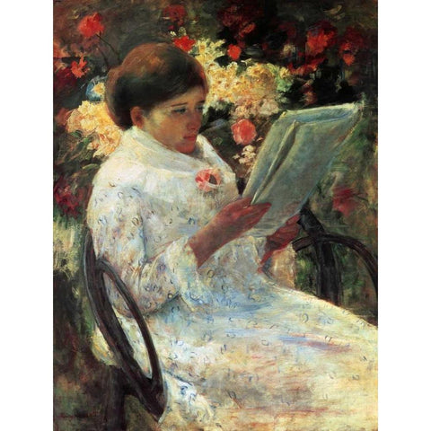 Woman Reading In A Garden 1880 White Modern Wood Framed Art Print by Cassatt, Mary