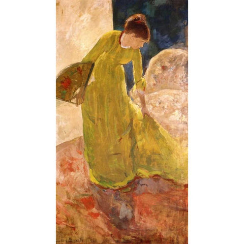 Woman Standing Holding A Fan 1879 White Modern Wood Framed Art Print by Cassatt, Mary