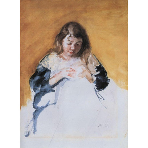 Young Girl In Blue 1908 White Modern Wood Framed Art Print by Cassatt, Mary