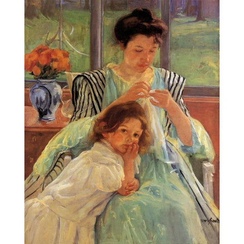 Young Mother Sewing 1900 White Modern Wood Framed Art Print by Cassatt, Mary