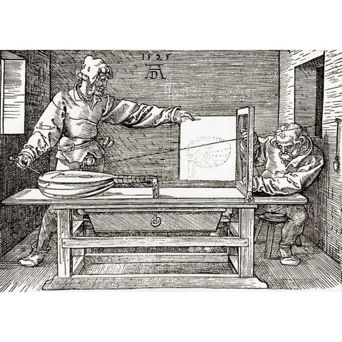 A Man Drawing A Lute White Modern Wood Framed Art Print by Durer, Albrecht