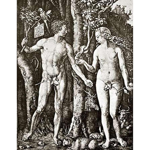 Adam And Eve Black Modern Wood Framed Art Print with Double Matting by Durer, Albrecht
