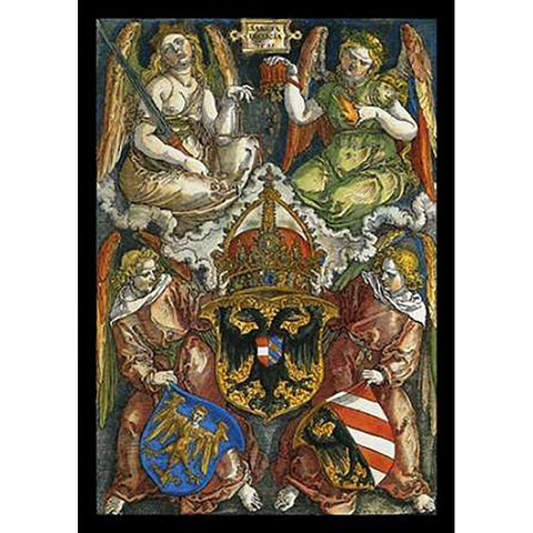 Allegory Of Justice With Coats Of Arms Of Germany And Nuremberg White Modern Wood Framed Art Print by Durer, Albrecht