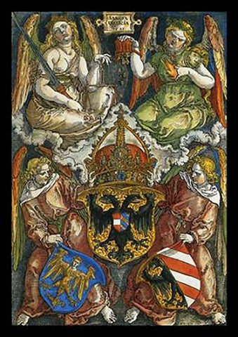Allegory Of Justice With Coats Of Arms Of Germany And Nuremberg Black Ornate Wood Framed Art Print with Double Matting by Durer, Albrecht