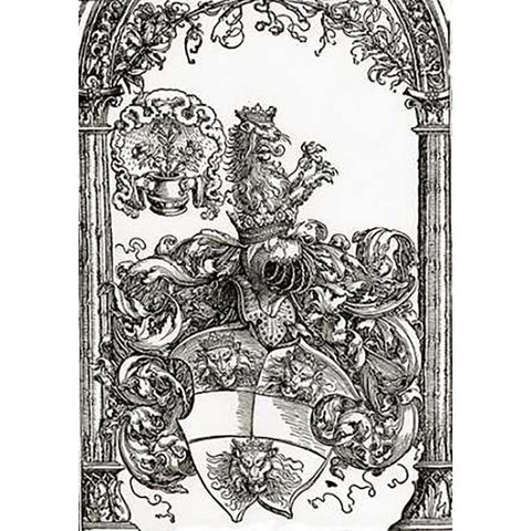 Coat Of Arms With Three Lions Heads Gold Ornate Wood Framed Art Print with Double Matting by Durer, Albrecht