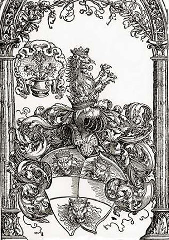 Coat Of Arms With Three Lions Heads Black Ornate Wood Framed Art Print with Double Matting by Durer, Albrecht