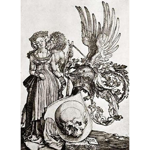 Crest With A Deaths Head Gold Ornate Wood Framed Art Print with Double Matting by Durer, Albrecht