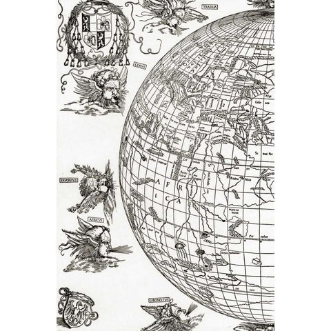 Eastern Hemisphere Of The Terrestial Globe Black Modern Wood Framed Art Print with Double Matting by Durer, Albrecht