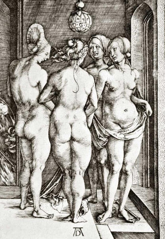 Four Nude Women White Modern Wood Framed Art Print with Double Matting by Durer, Albrecht