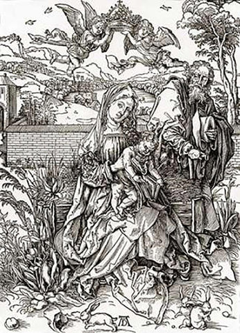 Holy Family With Three Hares Black Ornate Wood Framed Art Print with Double Matting by Durer, Albrecht