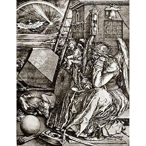 Melencolia White Modern Wood Framed Art Print by Durer, Albrecht